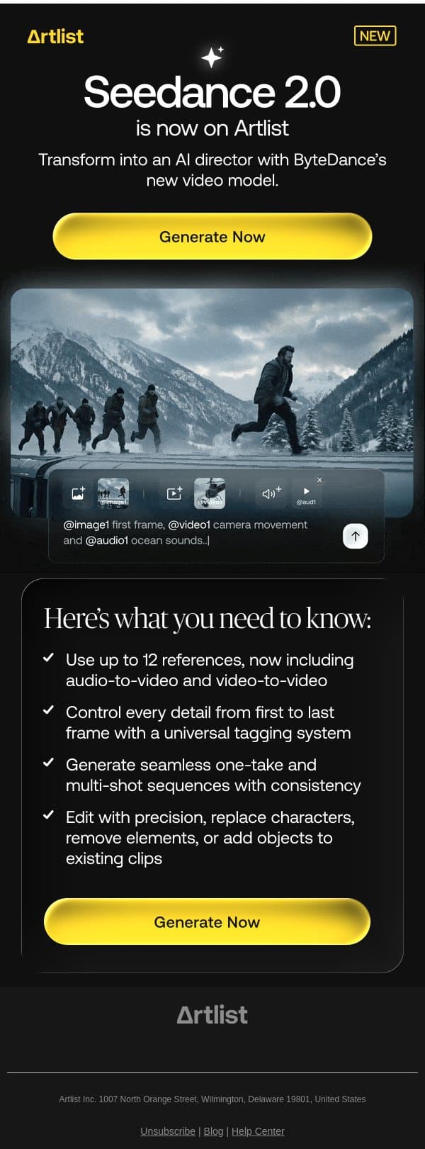 Seedance 2.0 is available for everyone on Artlist email from Artlist screenshot