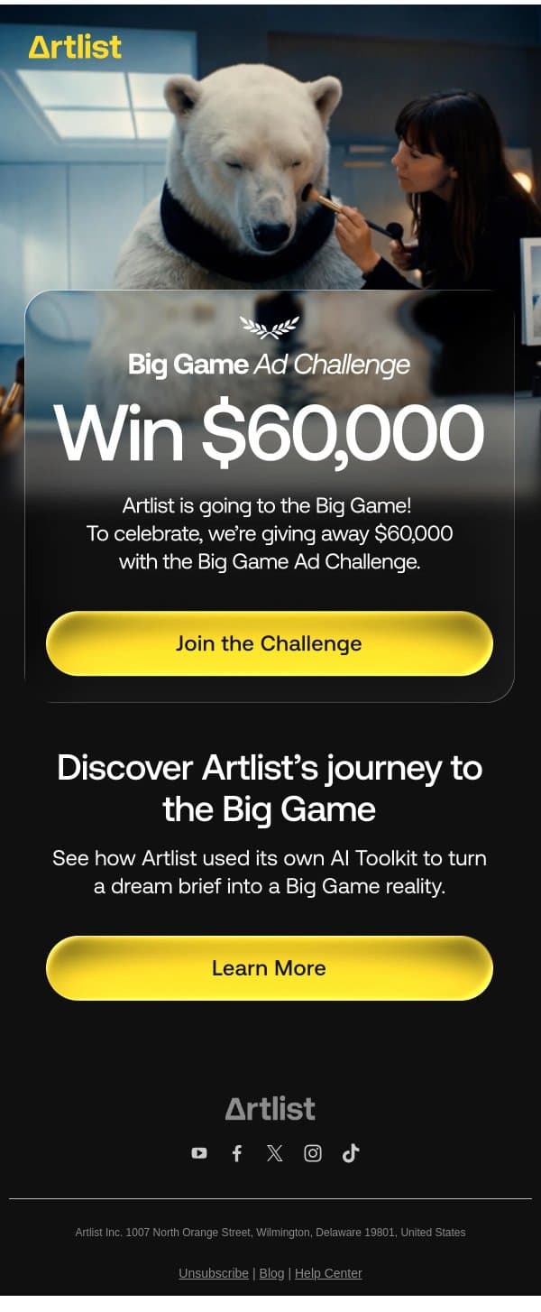 🏈🏆 You could win $60,000 with the Big Game Ad Challenge email from Artlist screenshot