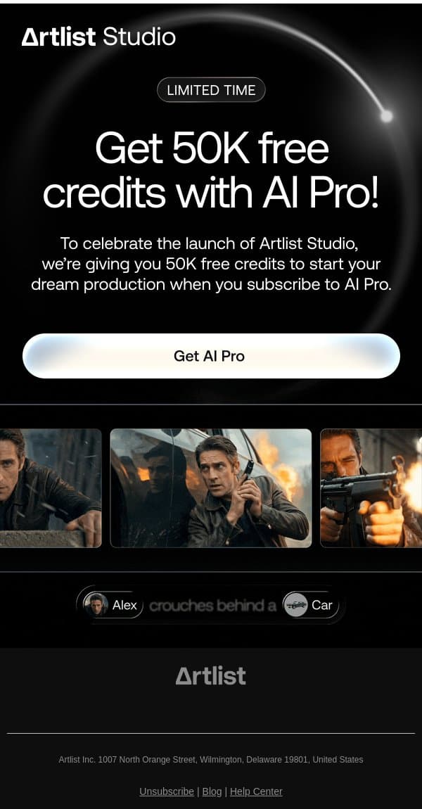 Last chance to get 50K free credits email from Artlist screenshot