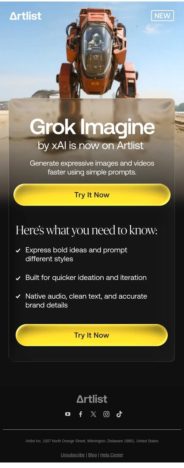 New! Grok Imagine by xAI is now on Artlist! email from Artlist screenshot