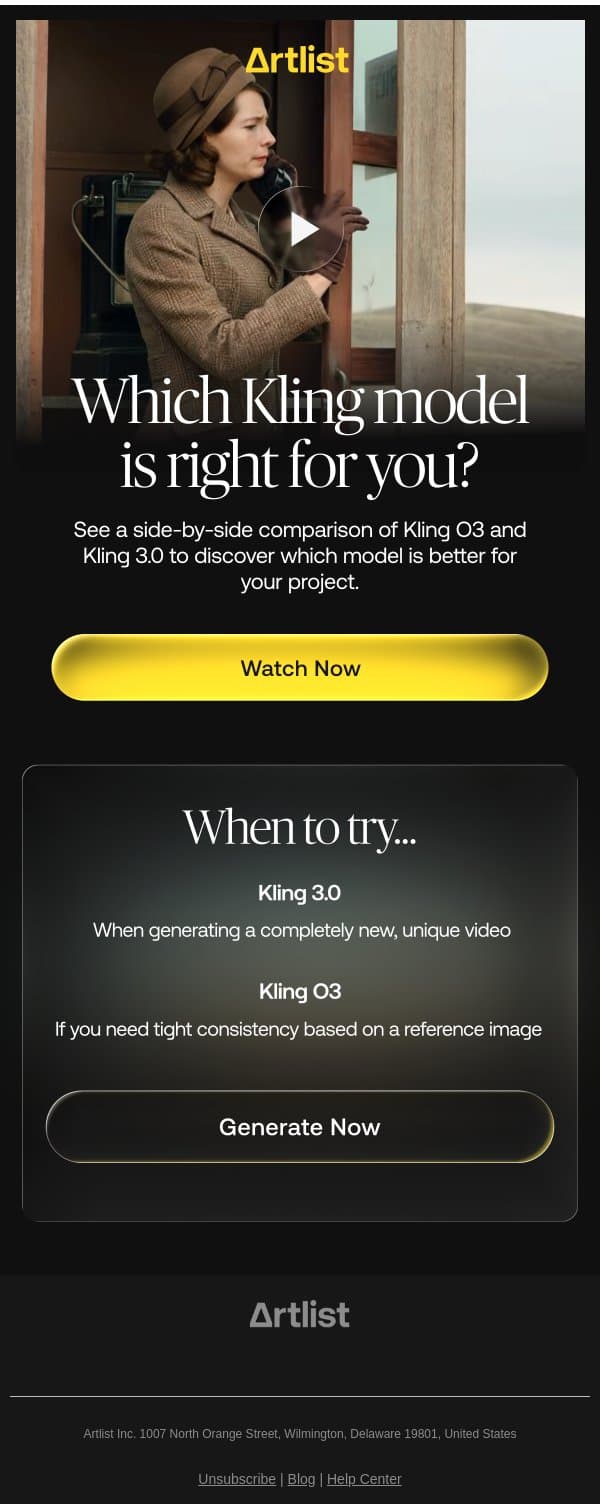 Kling O3 vs. Kling 3.0: Which is better? email from Artlist screenshot