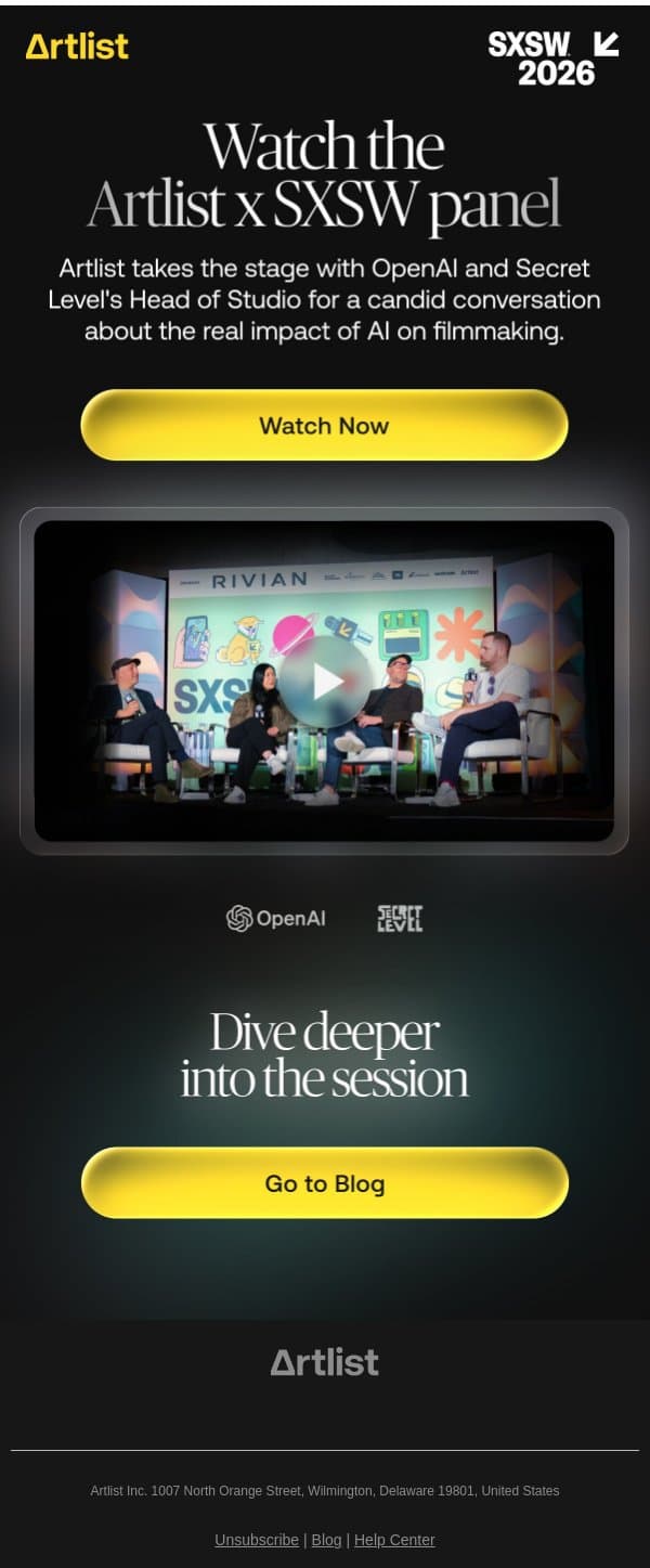 Artlist x SXSW: AI and the future of filmmaking email from Artlist screenshot