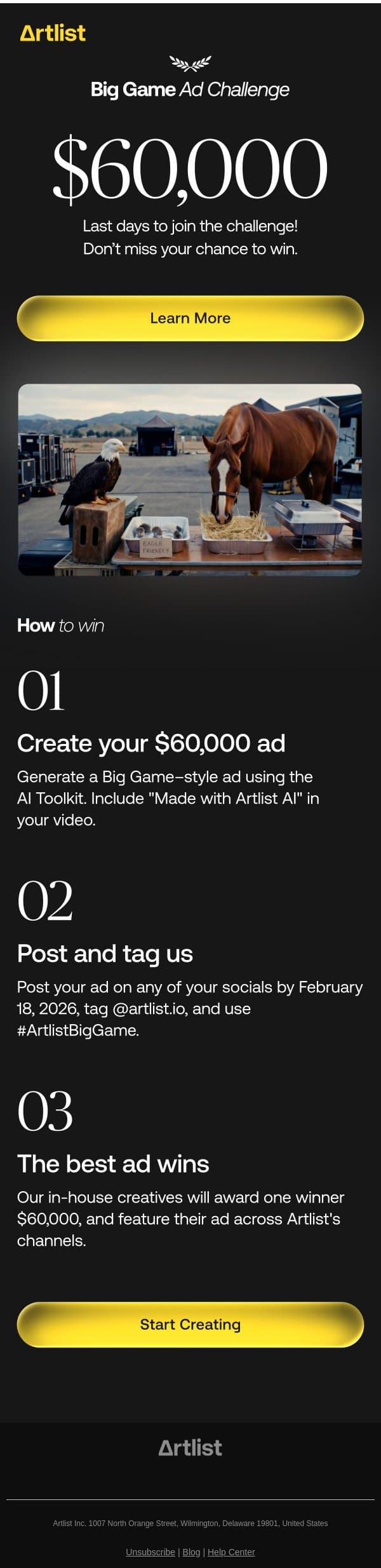 Win $60,000 with the Big Game Ad Challenge — happening now! email from Artlist screenshot