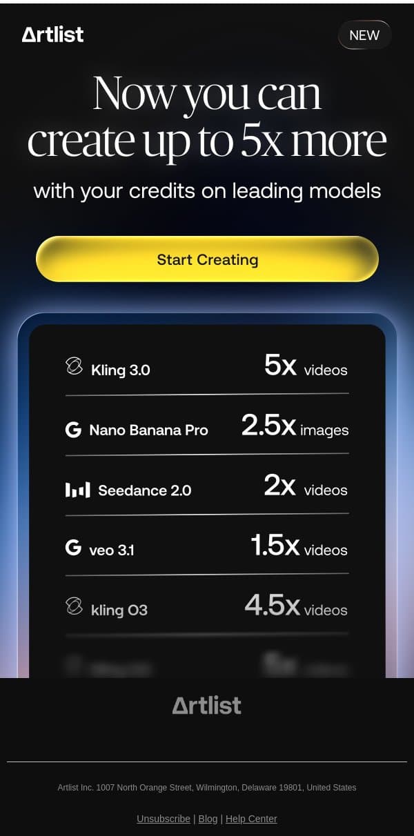 Now you can create up to 5x more with your credits on top models email from Artlist screenshot