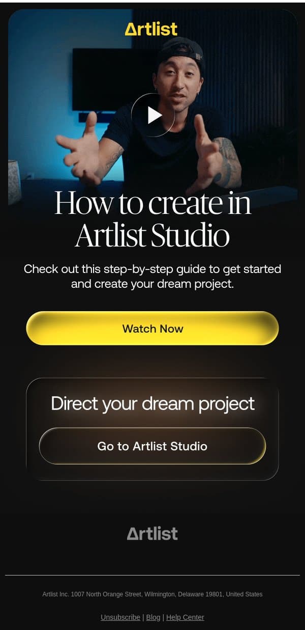 How to create in Artlist Studio email from Artlist screenshot