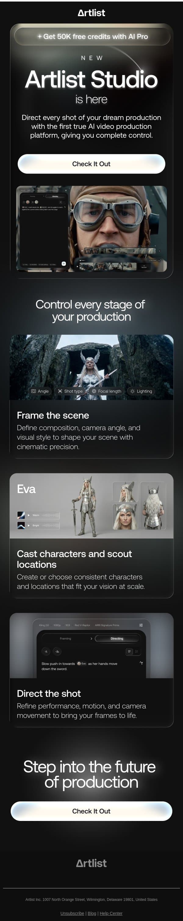 The first true AI production platform is here email from Artlist screenshot