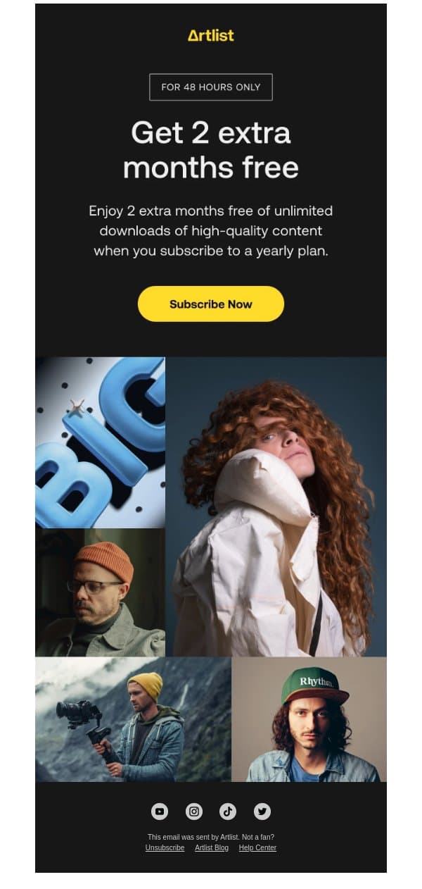 adam, subscribe today for 2 extra months FREE email from Artlist screenshot