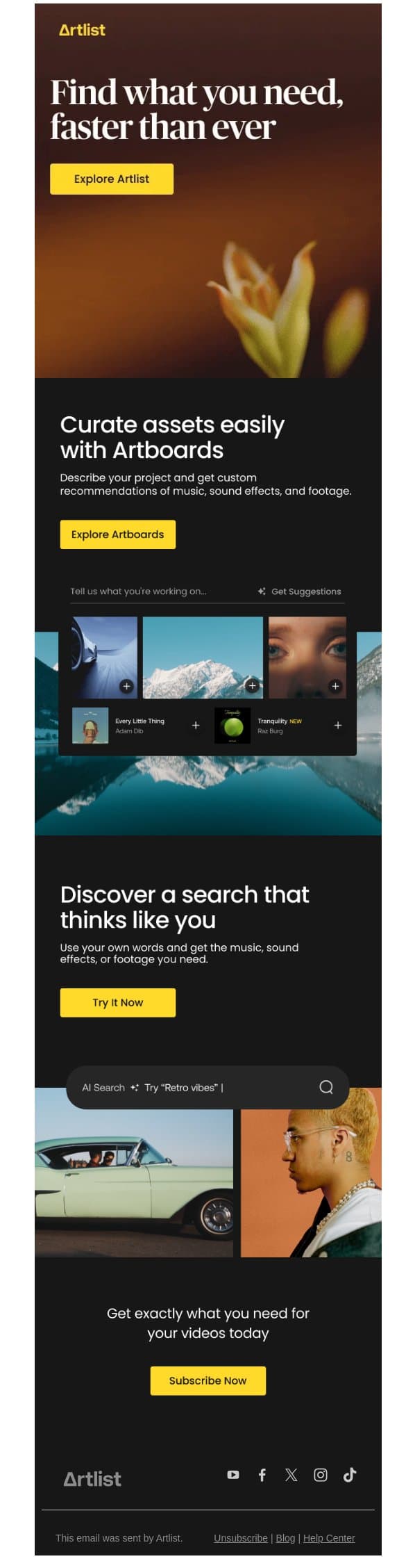adam, here’s how to find exactly what you need email from Artlist screenshot