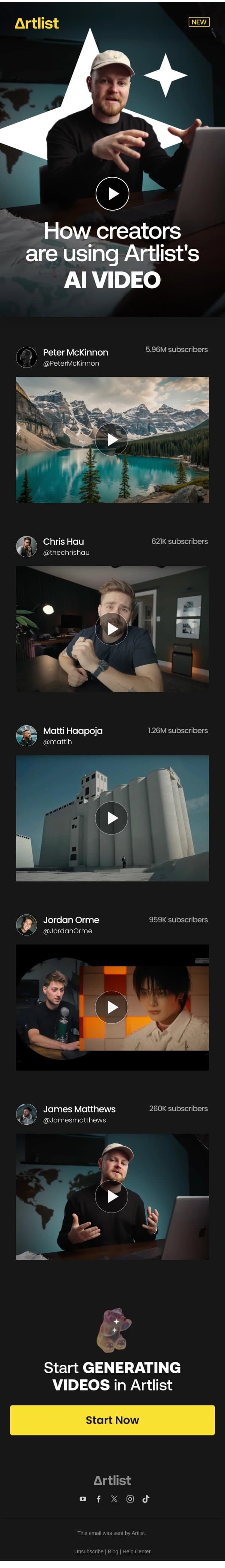 See Artlist’s AI video in action all over the internet email from Artlist screenshot