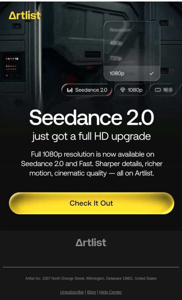 Seedance 2.0 just went full HD! email from Artlist screenshot