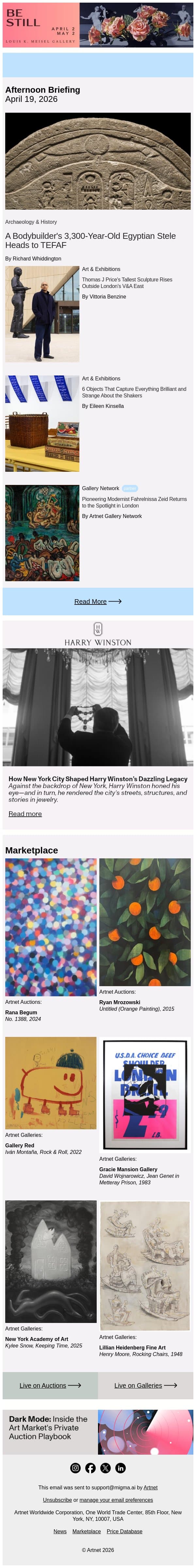 Fitness Mogul’s Egyptian Stele for Sale email from Artnet screenshot