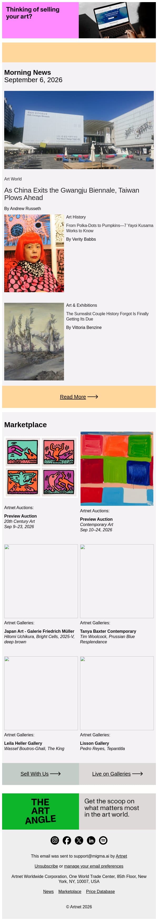 Gwangju Biennale Sparks Diplomatic Spat email from Artnet screenshot