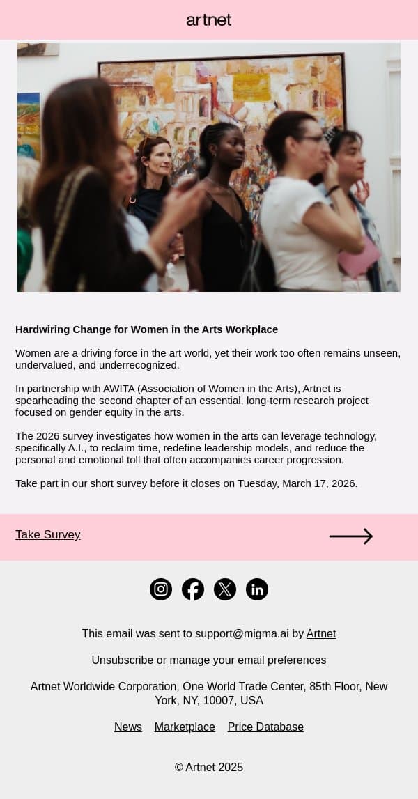 Help Shape the Future of Women in the Arts email from Artnet screenshot