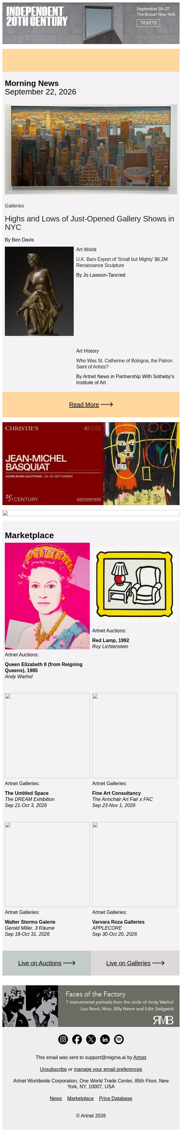 The Good and Bad at NYC Galleries email from Artnet screenshot