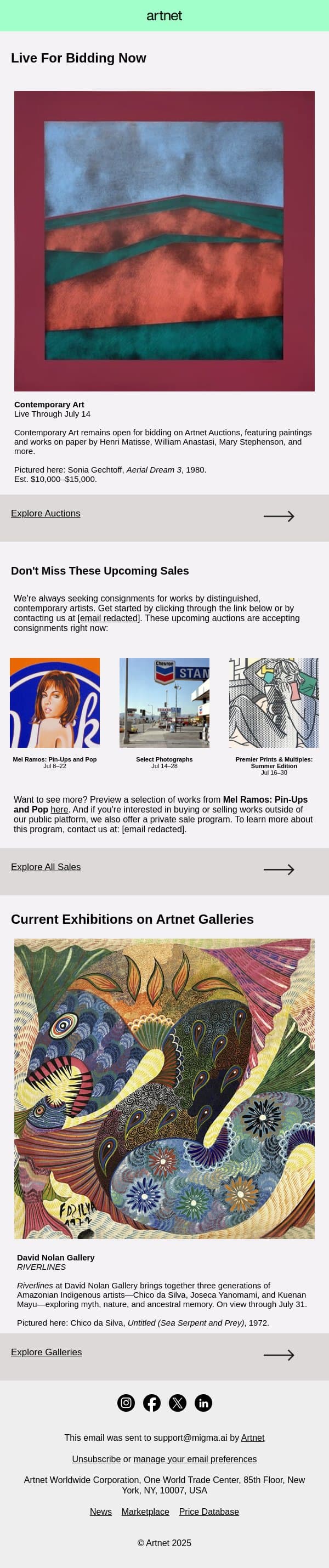 Live Now: Gechtoff, Rubell, Matisse & More email from Artnet screenshot