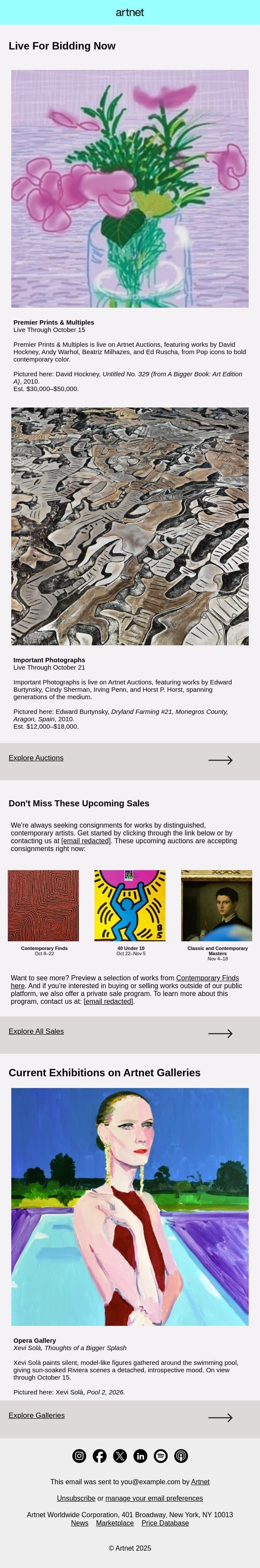 Live Now: Hockney, Burtynsky, Warhol & More email from Artnet screenshot
