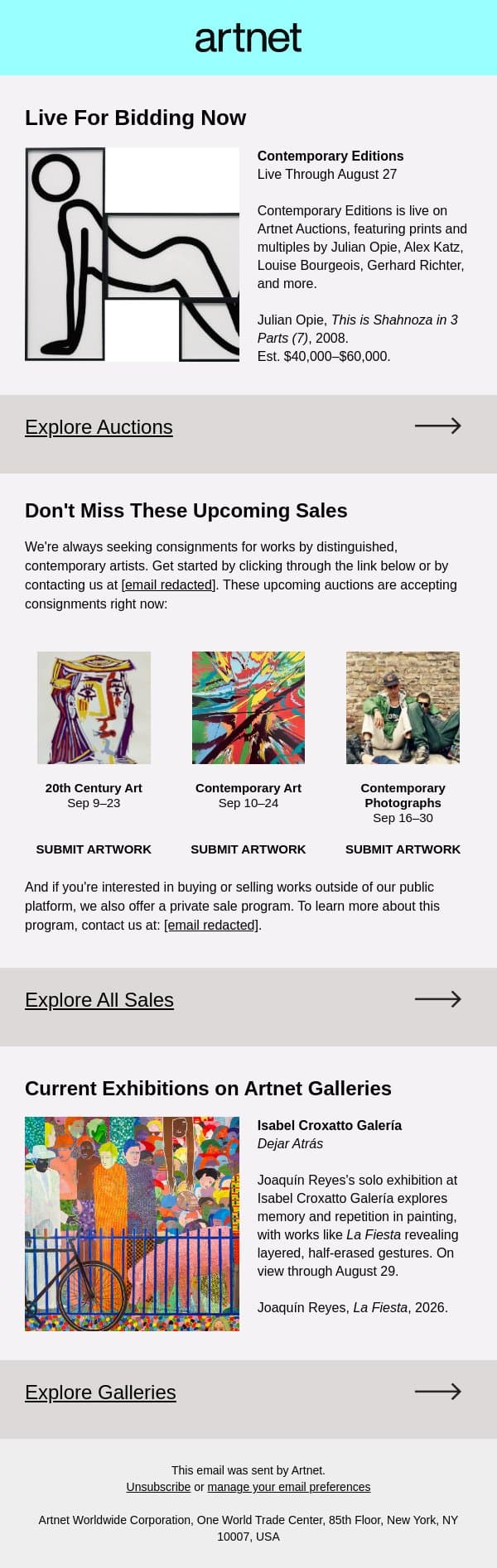Live Now: Opie, Basquiat, Motherwell & More email from Artnet screenshot