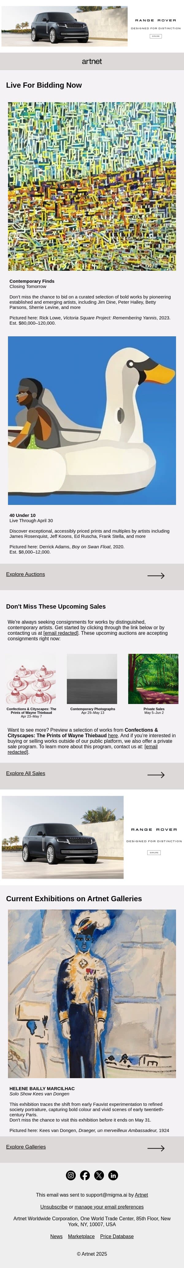 Live Now: Dine, Parsons & Levine email from Artnet screenshot