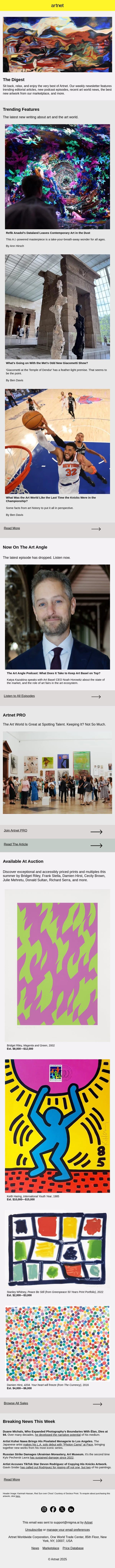 Refik Anadol’s Dataland, The Met's New Odd Giacometti Show & More email from Artnet screenshot