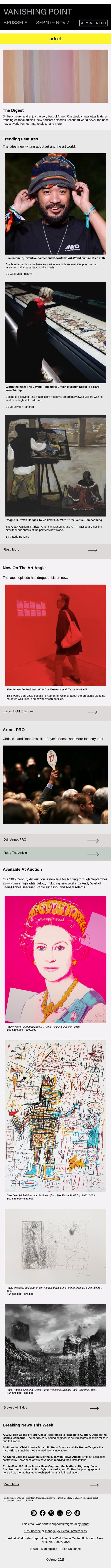 Remembering Lucien Smith, Bayeux Tapestry & More email from Artnet screenshot