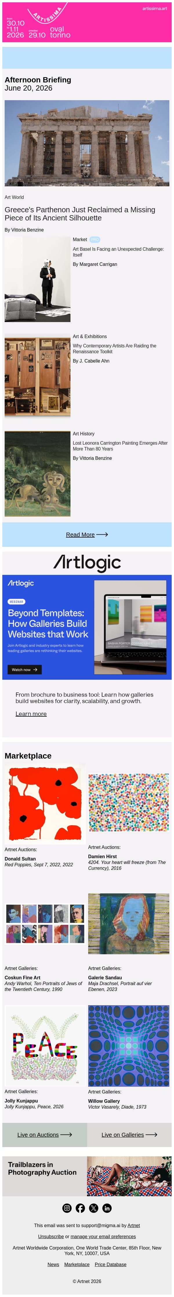 Parthenon Unveils a Long-Hidden Face email from Artnet screenshot
