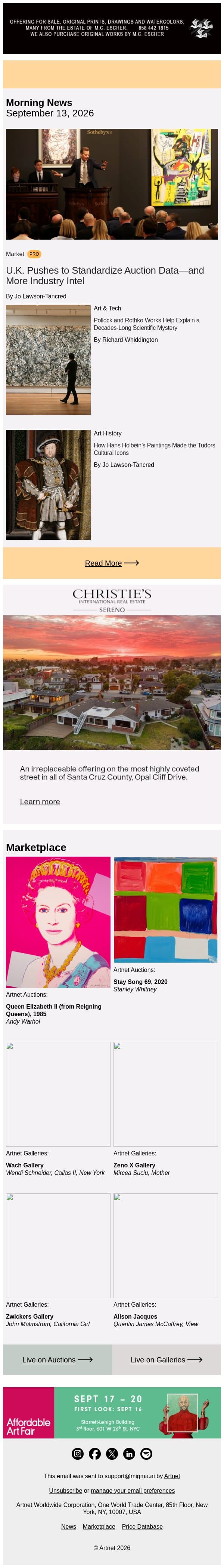 U.K. Pushes to Standardize Auction Data email from Artnet screenshot