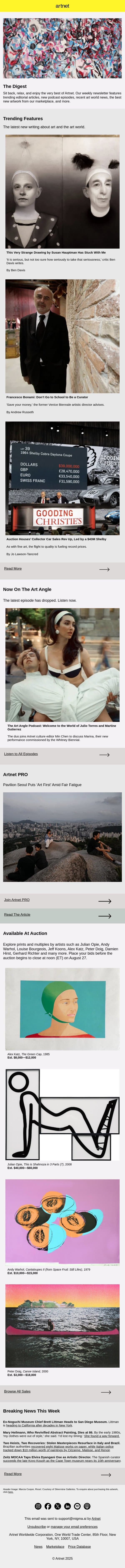A Very Strange Susan Hauptman Drawing, Auction House Car Sales Rev Up & More email from Artnet screenshot