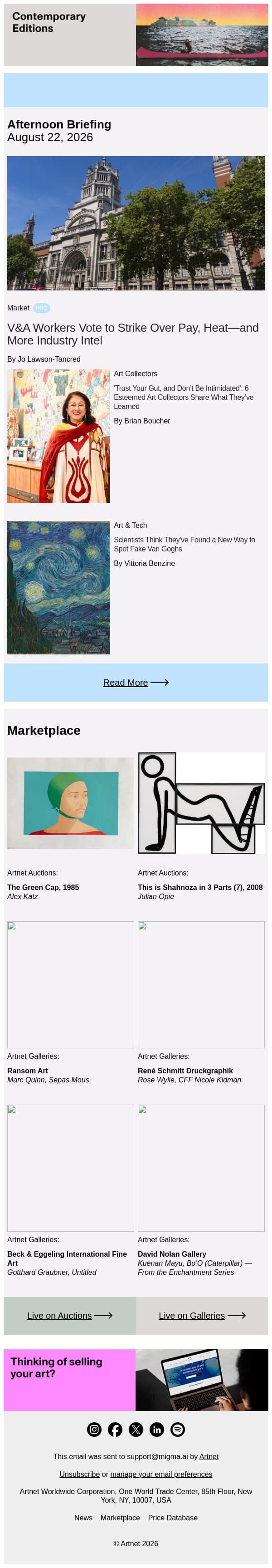 V&A Workers Vote to Strike Over Pay, Heat email from Artnet screenshot