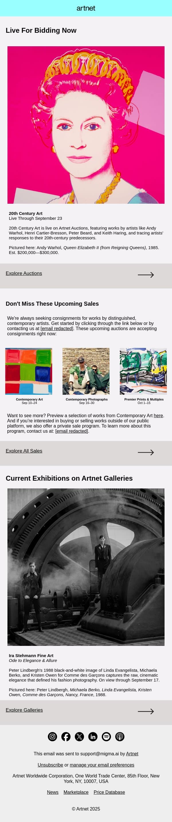 Live Now: Warhol, Picasso, Hockney & More email from Artnet screenshot