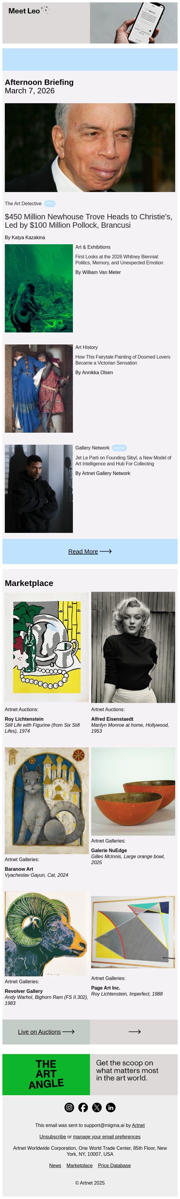 $450M Newhouse Trove Heads to Christie’s email from Artnet screenshot