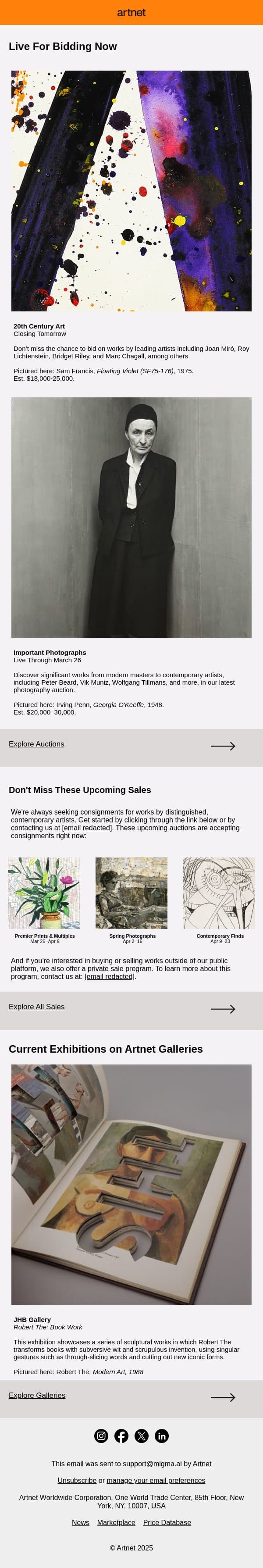 Live Now: Roy Lichtenstein, Irving Penn & More email from Artnet screenshot