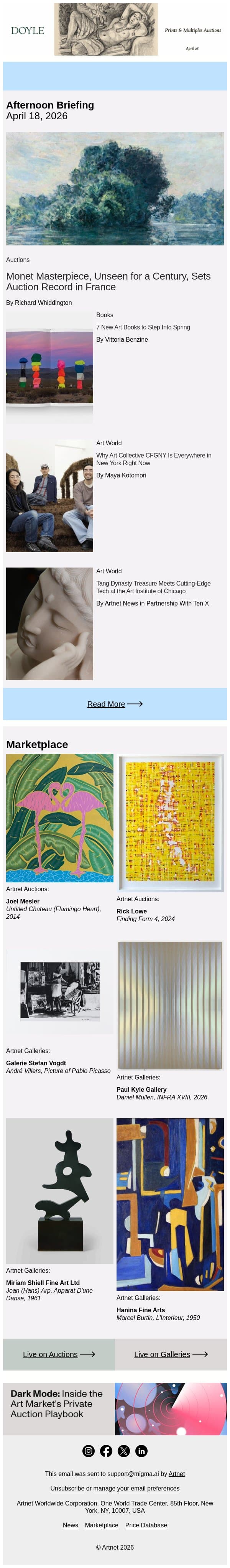 Rare Monet Masterpiece Sets Auction Record email from Artnet screenshot