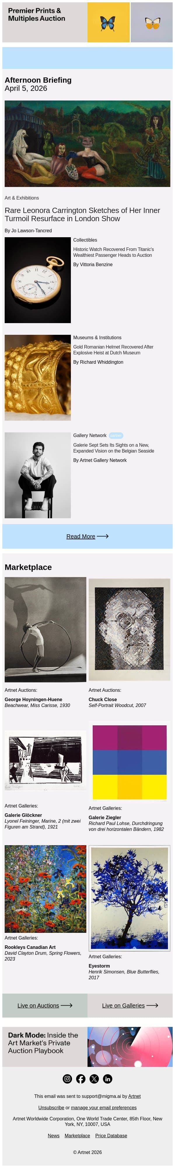 Surrealist Star's Haunting Sketches Resurface email from Artnet screenshot
