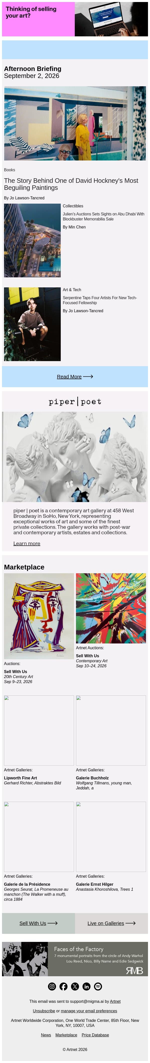 The Surprising Lore Behind This Hockney Portrait email from Artnet screenshot