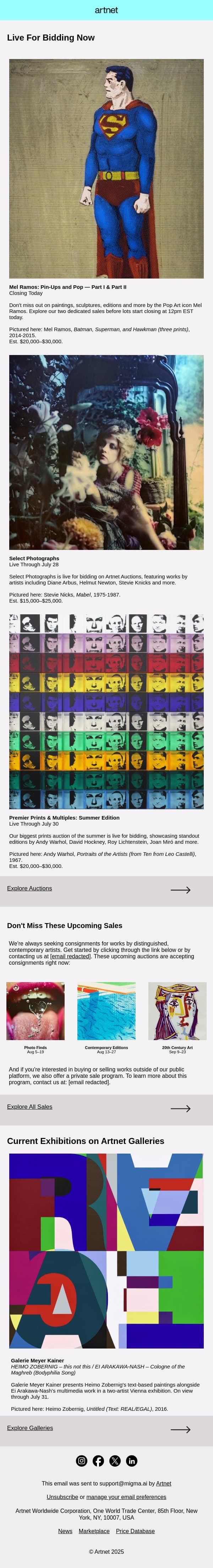 Live Now: Warhol, Newton, Ramos & More email from Artnet screenshot