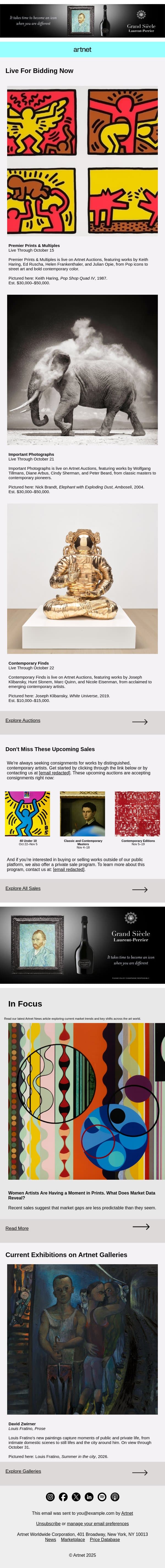 Live Now: Haring, Brandt, Klibansky & More email from Artnet screenshot