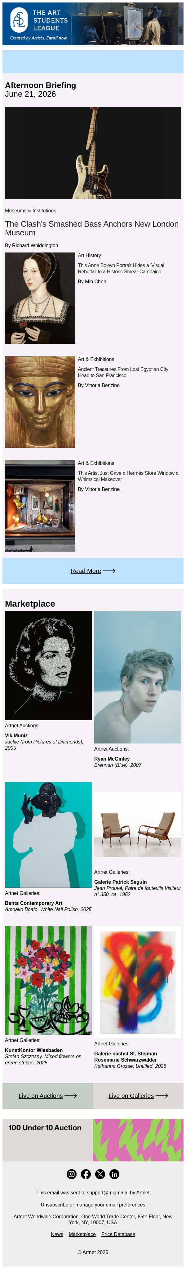Clash’s Iconic Bass Anchors New London Museum email from Artnet screenshot