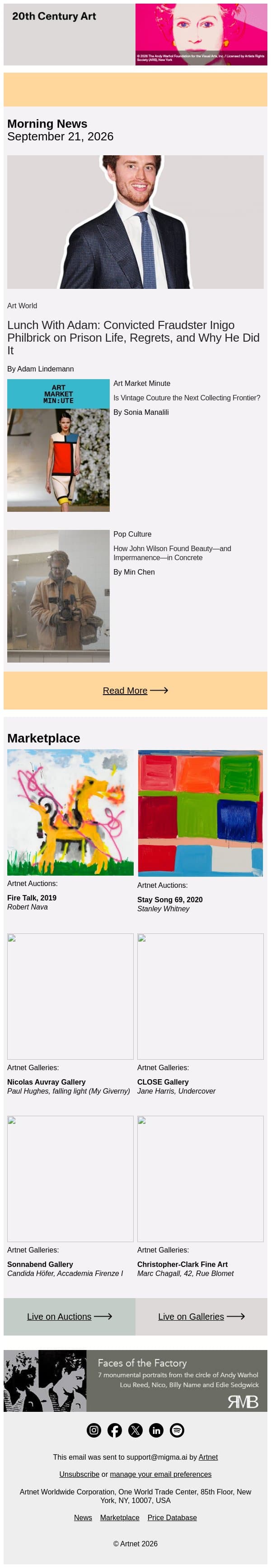 Inigo Philbrick on Crime, Prison, and Regret email from Artnet screenshot