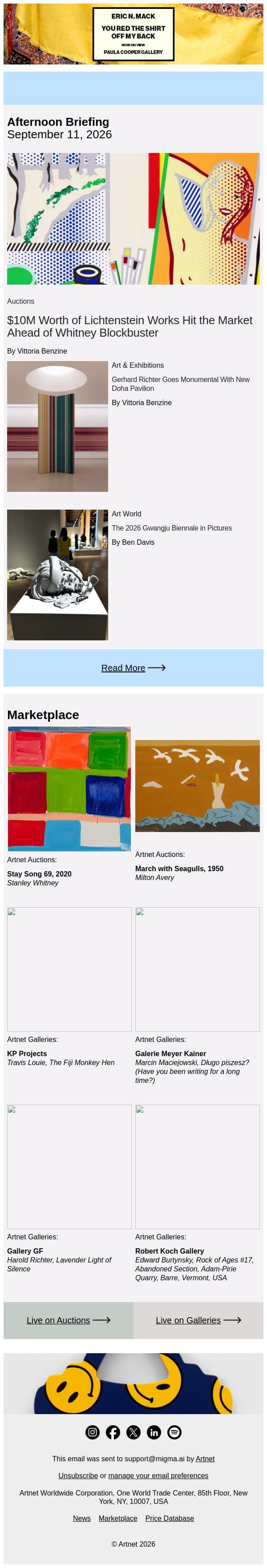 Lichtenstein's Market Comeback Continues email from Artnet screenshot