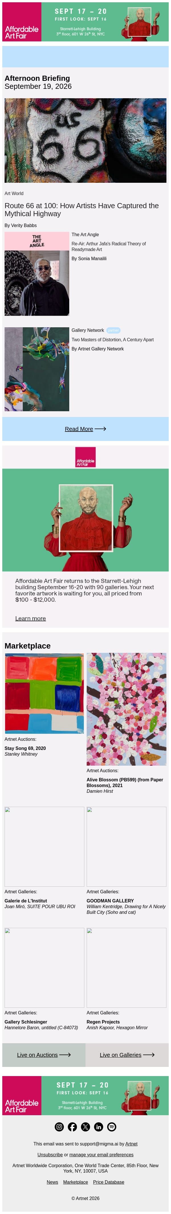 How Artists Mythologized Route 66 email from Artnet screenshot