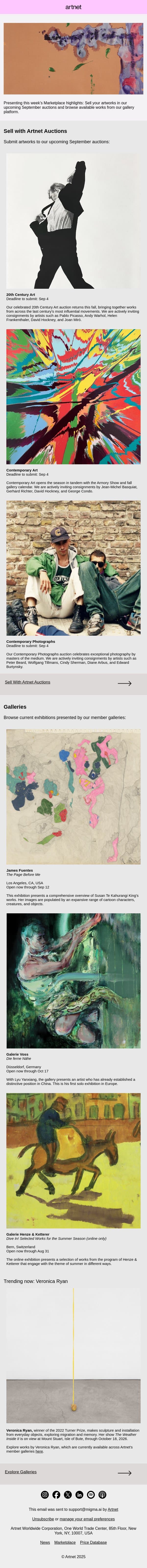 Marketplace Highlights: Sell Art with Artnet Auctions, James Fuentes & More email from Artnet screenshot