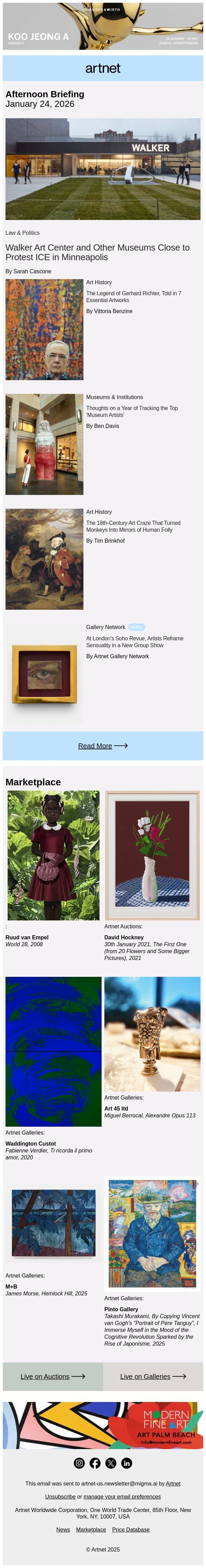 Minneapolis Museums Close to Protest ICE email from Artnet screenshot
