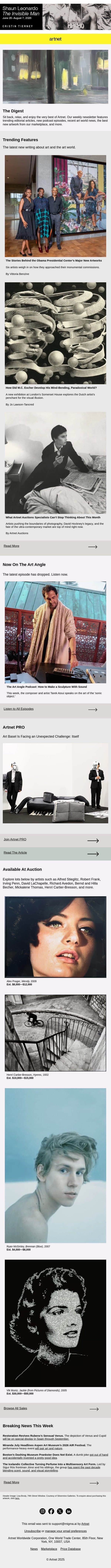 The Obama Center’s New Artworks, MC Escher's Paradoxical World & More email from Artnet screenshot