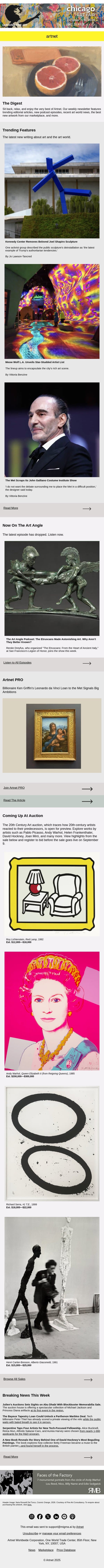 Kennedy Center Removal, Meow Wolf & More email from Artnet screenshot