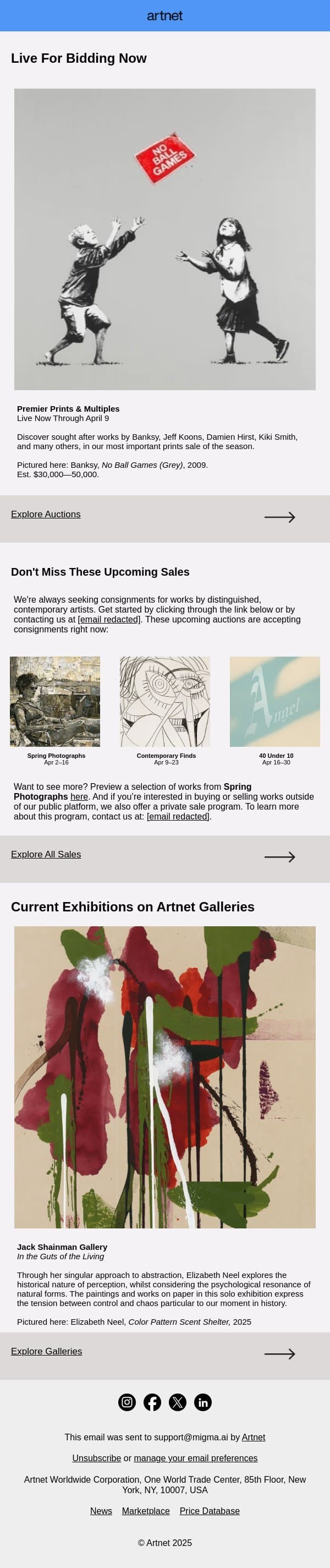 Live Now: Banksy, Jeff Koons & More email from Artnet screenshot