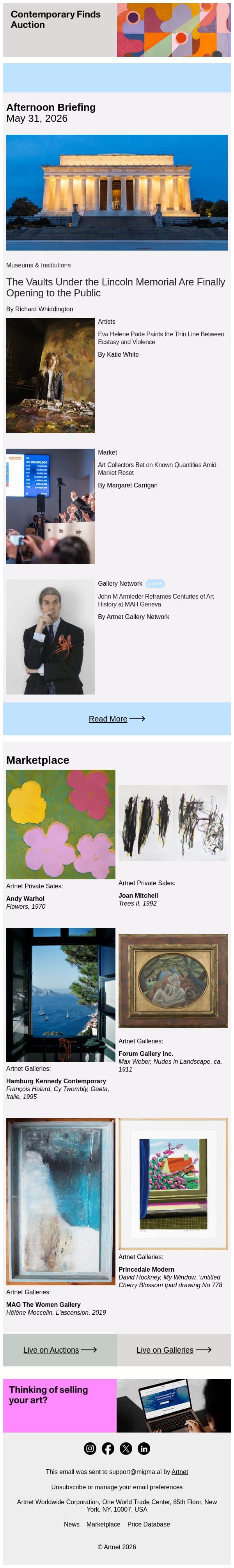 Lincoln Memorial Vaults Open to Public email from Artnet screenshot