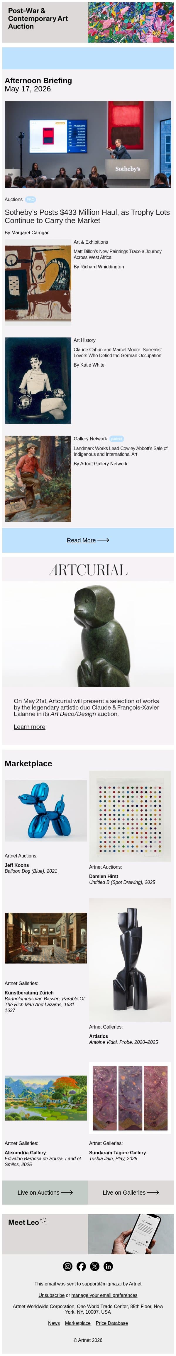Sotheby’s $433M Haul By the Numbers email from Artnet screenshot