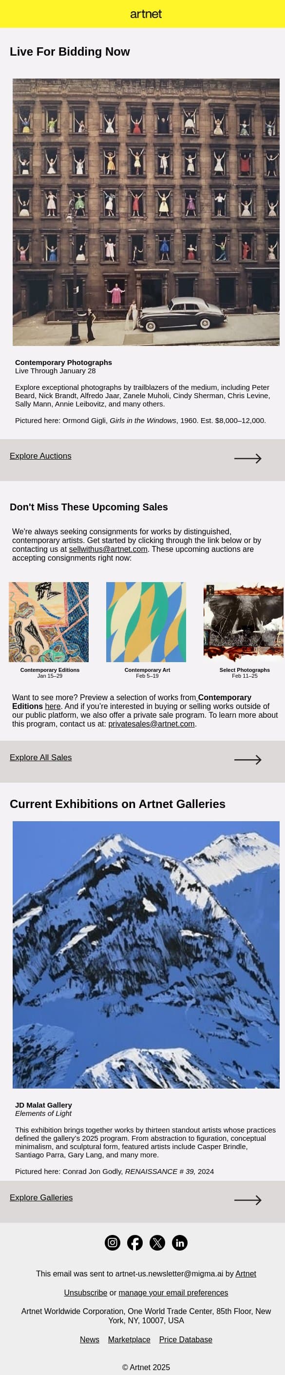 Live Now: Brandt, Muniz & More email from Artnet screenshot