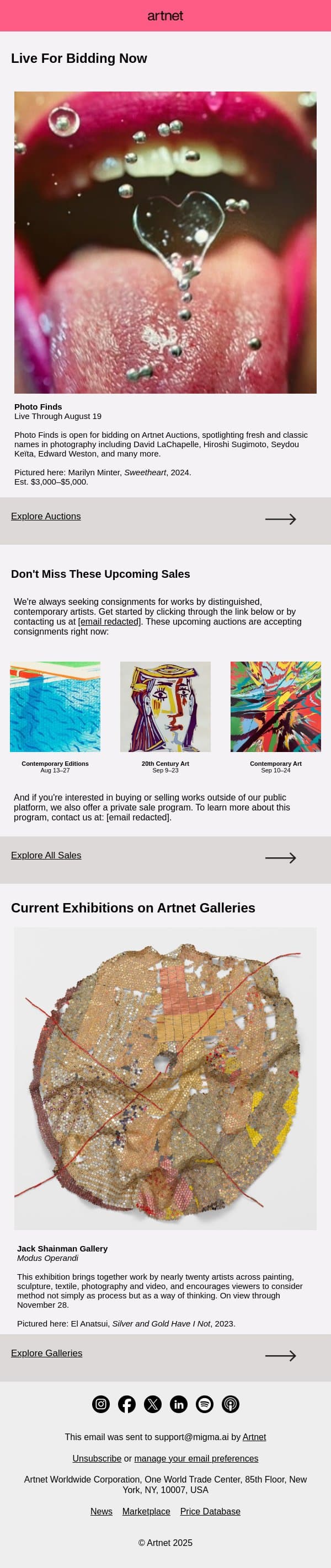 Live Now: Minter, LaChapelle, Ronis & More email from Artnet screenshot