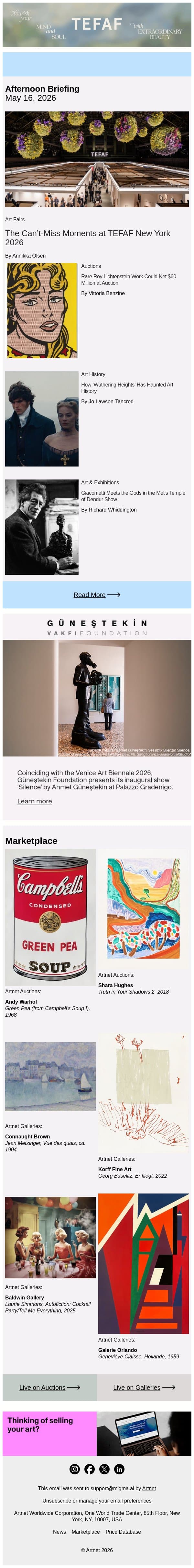 Best in Class at TEFAF 2026 email from Artnet screenshot